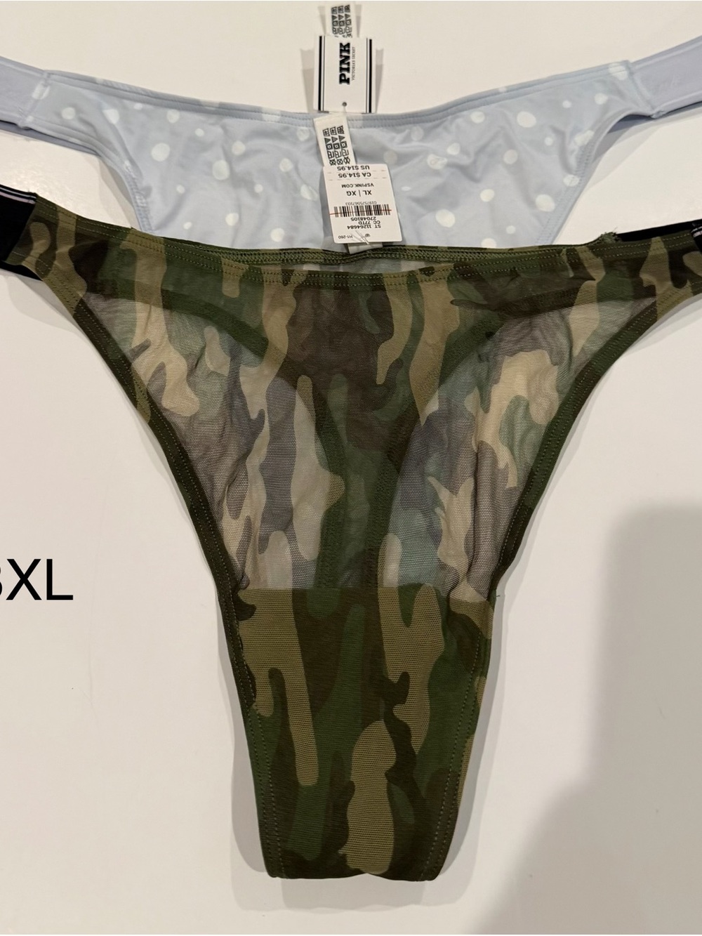 PINK Victoria's Secret Girls' Camo Mesh Thong-Green, Blue with White Polka Dots